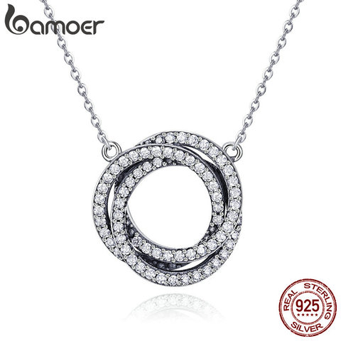 BAMOER Real 925 Sterling Silver Minimalism Elegant Round Circle Clear CZ Pendant Necklaces Women Sterling Silver Jewelry SCN259 ► Photo 1/6