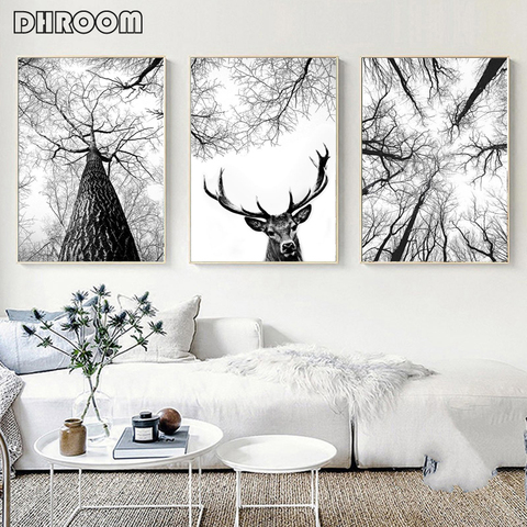 Scandinavian Tree Print Hunting Posters Deer Antlers Wall Art Woodland Tree Minimalist Canvas Painting Home Room Decoration ► Photo 1/6