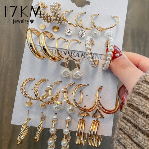 17KM Fashion Pearl Hoop Earrings Set For Women Geometirc Gold Metal Circle Hoop Earrings Brincos 2022 Trend Jewelry Gift ► Photo 1/6