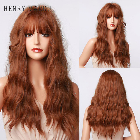 HENRY MARGU Long Wavy Brown Red Orange Wigs with Bangs Cosplay Party Heat Resistant Synthetic Hair Wigs for Black Women Afro ► Photo 1/6