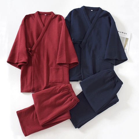 Autumn Winter Japanese Style Kimono Robe Gown Sleepwear Casual Solid 2PCS Nightwear Soft Cotton Yukata Loose Home Clothes Suit ► Photo 1/5