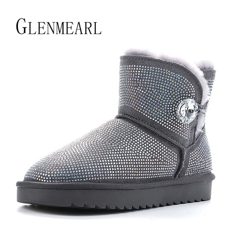 Luxury Boots Woman Genuine Leather Rhinestone Snow Boots Flat Wool Fur Women Winter Shoes Warm Platform Plus Size Ankle Boots DE ► Photo 1/6