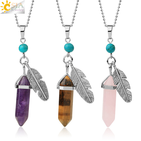 CSJA Natural Stone Pendant Necklaces Healing Pointed Reiki Pink Quartz Hexagonal Crystal Pillar Feather Charm Jewelry Women G576 ► Photo 1/6