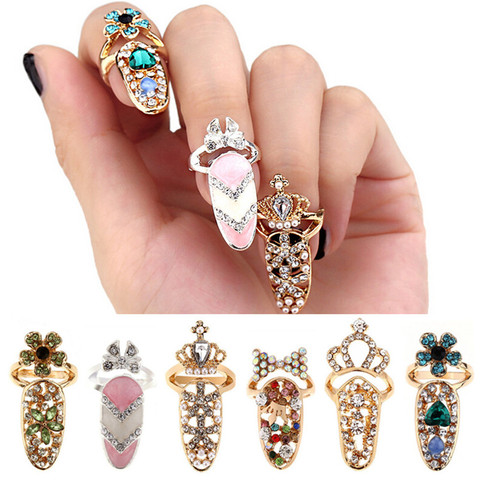 Charm Flower Lady Rhinestone Fingernail Protective Fashion Jewelry Bowknot Crown Nail Ring Crystal Finger Nail Rings For Women ► Photo 1/5