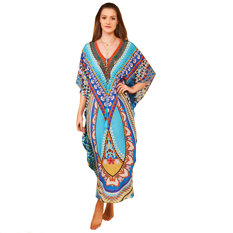 Bohemian Kaftan Beach Tunic Cotton Beach Cover up Saida de Praia Swimsuit Women Bikini cover up Pareo Sarong Beachwear #Q956 ► Photo 1/5