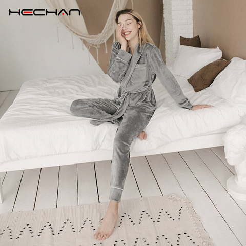 HECHAN Gray Velvet Pajamas Warm Long Sleeve Home Suit For Women Two Piece Set Thick Sleepwear Set Night Suit Sets Autumn Female ► Photo 1/6