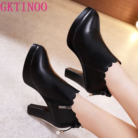 GKTINOO Women Leather Shoes Autumn Pointed Toe Platform Female Pumps Casual Square High Heels Ladies Single Shoes Plus Size ► Photo 1/6