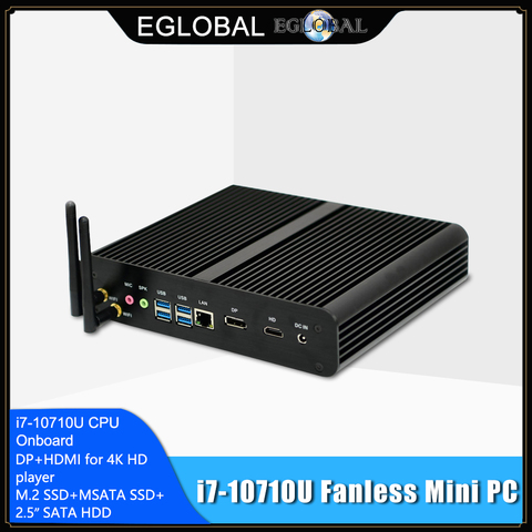 EGLOBAL Fanless Mini Computer Intel i7 10710U 10510U Desktop PC Windows 10 2*DDR4 M.2 NVMe+Msata+2.5''SATA HTPC Nettop HDMI DP ► Photo 1/6