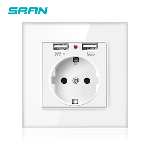 SRAN EU Power Socket,Socket With Usb Charging Port 2.1A 16A Crystal Glass Panel Russia Spain Wall Electric Sockets Outlet ► Photo 1/6