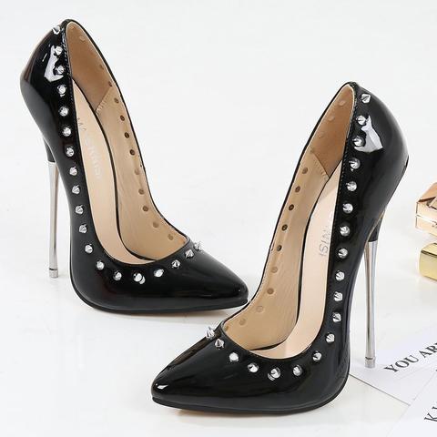 Women high heels 16cm rivet patent leather lady pumps shoes stiletto heel show model female shoes size 46 party sexy woman shoes ► Photo 1/6