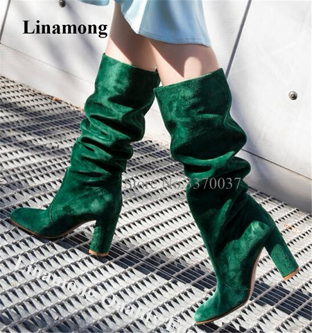 New Fashion Women Round Toe Suede Leather Knee High Chunky Heel Boots Green Slip-on Long Thick High Heel Boots Charming Boots ► Photo 1/6