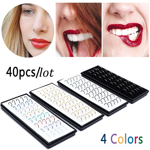 40pcs/lot 8x0.5mm Colorful Stainless Steel Fashion Nose Hoop Nose Ring Stud Body Piercing Jewelry Punk Style Fit For cool style ► Photo 1/6