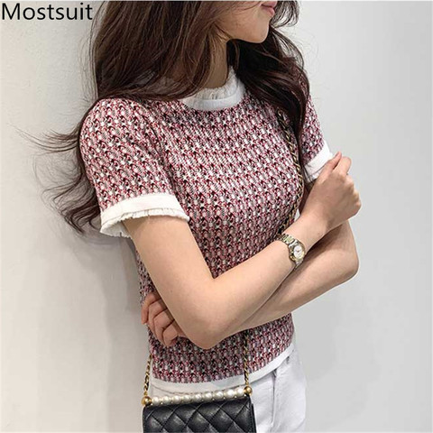 2022 Summer Korean Vintage Elegant Knitted T-shirts Tees Women Short Sleeve O-neck Fashion Ladies Slim T Shirts Tops Femme ► Photo 1/6