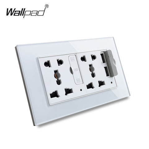 Wallpad S6 Glass Panel Double 5 Pin Universal Socket with 3.1A 2 x USB Charging Ports,  EU UK US Wall Power Outlet MF Socket ► Photo 1/6