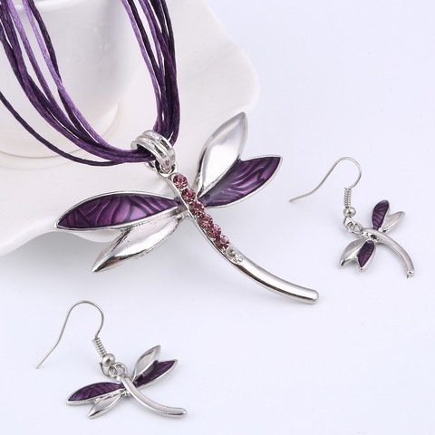 ZOSHI Leather Rope Jewelry Sets For Women Enamel Dragonfly Pendant Necklace Earrings Sets Wedding Bridal Jewellery Sets ► Photo 1/6
