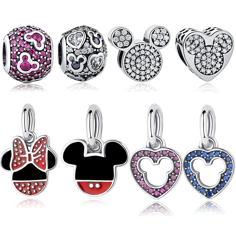 Minnie & Mickey Pendant Silver Charms Bead for 925 Sterling Necklace Bracelets