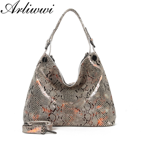 Arliwwi Female Genuine Leather Shoulder Bags New Serpentine Embossed Shiny Cross Body Real Cow Leather Handbags Women GL08 ► Photo 1/6