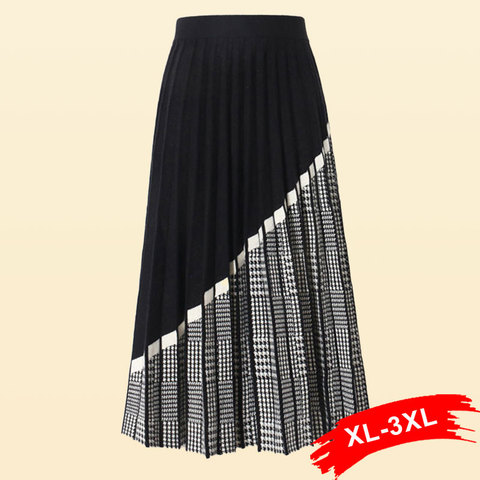 Plus Size Streetwear Geometric Long Knit Women Pleated Skirt 3XL Autumn Thick Warm Elegant A Line Knitted Sweater Skirt Femme ► Photo 1/6