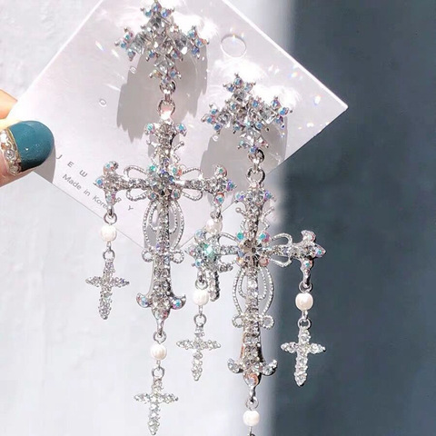 Korean New Trendy Luxury Palace Style Silver Color Crystal Pearl Cross Dangle Earrings For Women Elegant Party Jewelry ► Photo 1/6