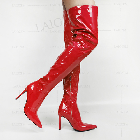 LAIGZEM Women Thigh High Boots Patent Shiny Stiletto High Heels Boots Basic Party Club Ladies Shoes Woman Large Size 43 44 47 48 ► Photo 1/6