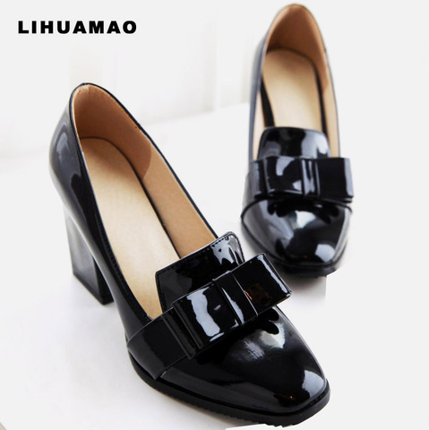 LIHUAMAO Women chunky Heel Pumps Square Heel Pointed Toe Wedding shoes Party Dancing Ladies Dress Shoes platform bowtie knot ► Photo 1/1