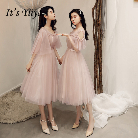 Bridesmaid Dresses 2022 It's Yiiya R285 Elegant Short Sleeve Party Dress A-line Vestidos De Dama De Honor Tea-Length Pink Gowns ► Photo 1/6