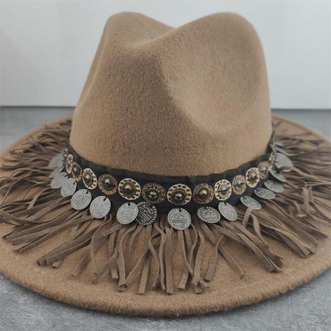 Boho Women Wide Brim Wool Felt Fedora Panama Hat with Belt Buckle Jazz Trilby Cap Party Formal Top Hat In brown ► Photo 1/5