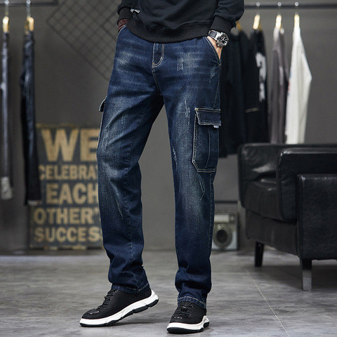 Idopy Men`s Cargo Jeans Fashion Multi Pockets Work Blue Vintage Ripped Distressed Denim Pants For Male Plus Size ► Photo 1/6