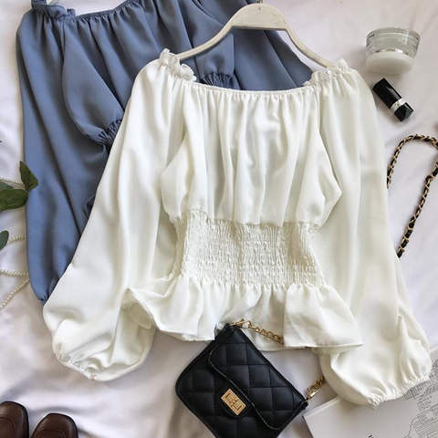 Off Shoulder Top White Shirt Ruffle Summer Top Women Chiffon Blouse Tunics Puff Sleeve Clothing Female Elegant ► Photo 1/6