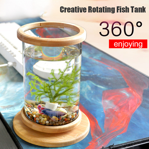 360 Degree Rotating Glass Betta Fish Tank Bamboo Base Mini Fish Tank Decoration Rotate Fish Bowl Aquarium Accessories ► Photo 1/6