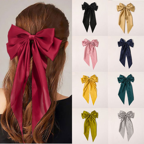 Two-layers Oversize Bows Hair Clip Silk Satin Bowknot Ribbon Hairpins Barrettes Women Solid Color Ponytail Clip Hair Accessories ► Photo 1/6