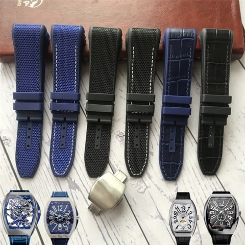 28mm High Quality Nylon Cowhide Silicone Watch Strap Black Blue Folding Buckle Watchband Suitable for Franck Muller Series Watch ► Photo 1/6