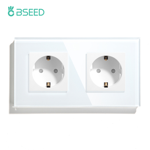 BSEED EU Wall Sockets Doppelt Power Outlets White Black Golden Double Frame Sockets Glass Panel Wall Sockets Kids Protection 16A ► Photo 1/6