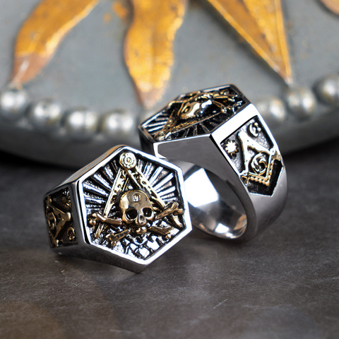 Masonic Ring For Men hexagon skull  Stainless steel  Freemason Totem Jewelry hippop street culture mygrillz ► Photo 1/6