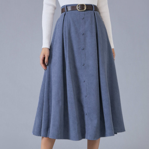 Skirt Women Long Pleated Spring Autumn High Waist Single Breasted Belt Woman Skirts Vintage Elegant Velvet Female Skirt Casual ► Photo 1/6