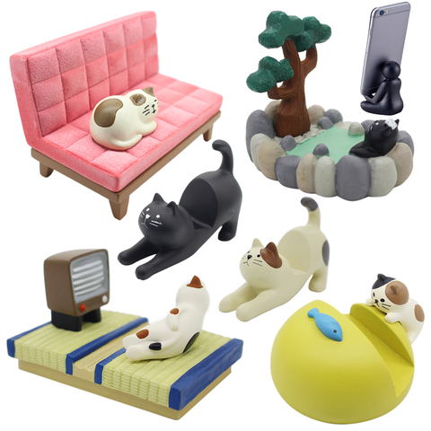 Japan cute kawaii cartoon Maneki Neko calico black cat stretch watching TV hot spring bath phone holder figures desktop ► Photo 1/5