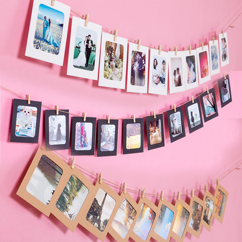 10PCS Paper Frame with Clips DIY Picture Holder Kraft Paper Picture Frame Wooden Rope Hanging Wall Photos Album Wall Decoration ► Photo 1/6