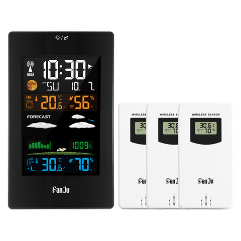 FanJu FJ3389 Temperature Humidity Meter Wall 3 Wireless Sensor DCF Wave Electronic Watch Weather Forecast Digital Alarm Clock ► Photo 1/6