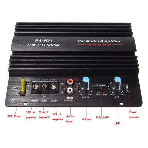 600W PA-60A 12V Mono High Power Car Audio Amplifier  Fashion Wire Drawing Powerful Bass Subwoofers Amplifier With 20A Fuse ► Photo 1/6
