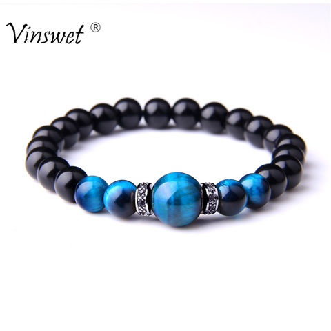 Natural Stone Bracelets Men Royal Blue Tiger Eye Bracelets Healthy Energy Bangle Fashion CZ Charm Black Onyx Beads Pulsera ► Photo 1/6