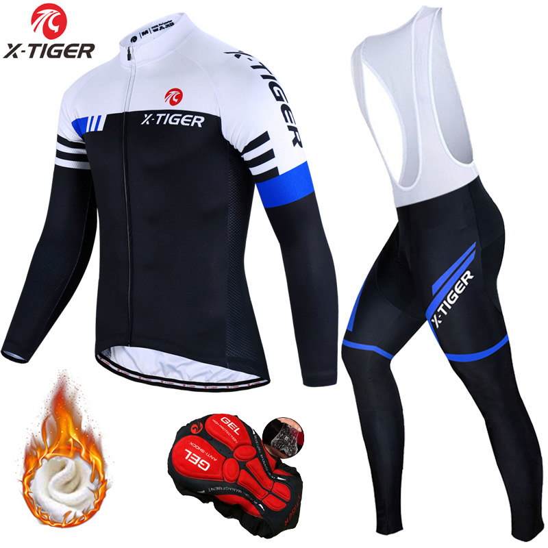 Mens Thermal Fleece Cycling Jersey Long Sleeve Bib Pants Set Cycling Bib Pants