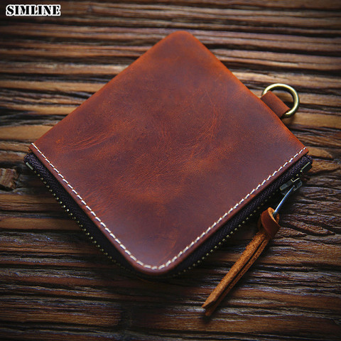 SIMLINE 2022 Genuine Leather Wallet Men Vintage Crazy Horse Leather Short Small Men's Wallets Purse Card Holder With Coin Pocket ► Photo 1/6