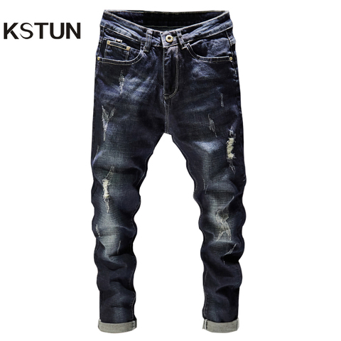 Ripped Men Jeans Dark Blue Stretch Slim Fit  Destroyed Broken Holes Denim Pants Casual Biker Jeans Male Hip hop Mens Punk Jeans ► Photo 1/6