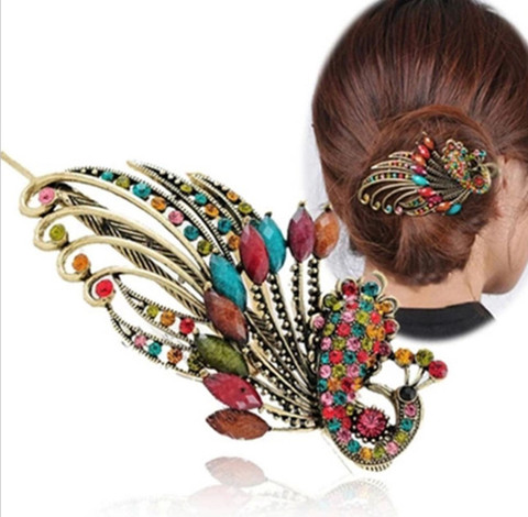 1PC Lovely Vintage Crystal Peacock Hair Clips Hairpins Barrette Donut Style Women Hair Accessories Beauty Tools Big Hairpins ► Photo 1/6