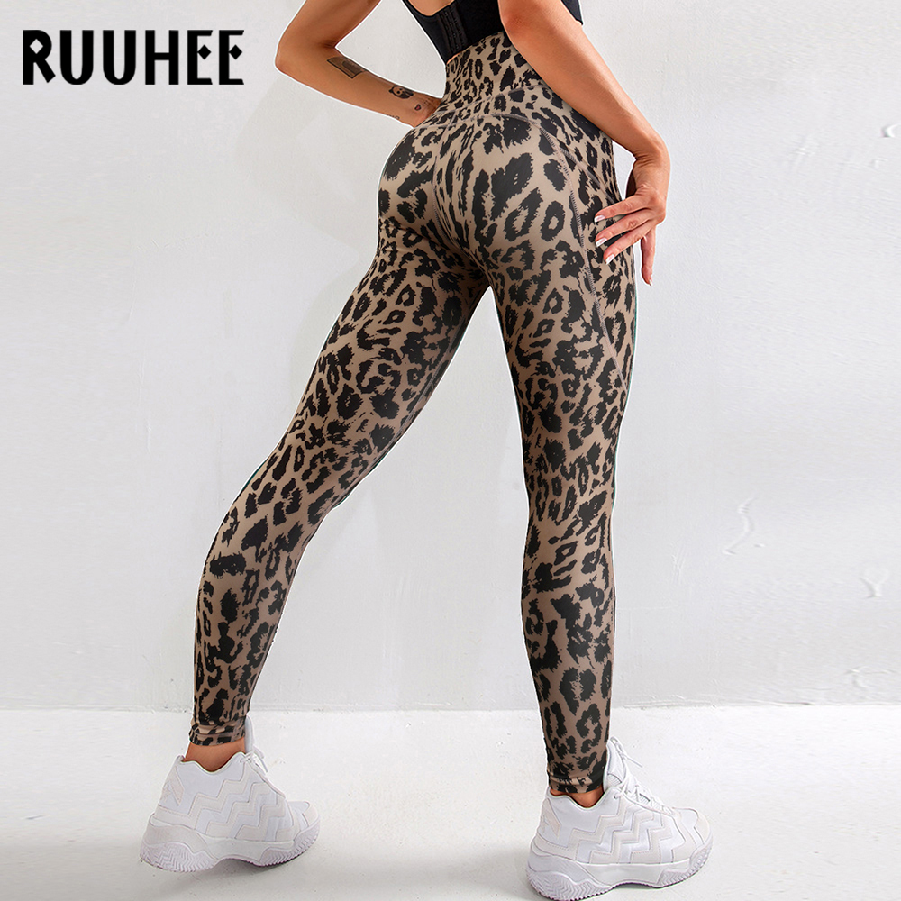 Women Leopard Pockets Yoga Leggings High Waist Pants Gym Fitness Sport Trousers 