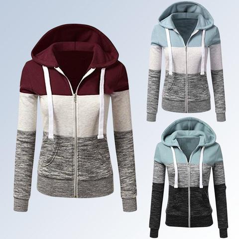 Patchwork Hoodies Women Hooded Polyester Zipper Pocket Coat Casual Drawstring Sweatshirts Female Sports Outwear ► Photo 1/6