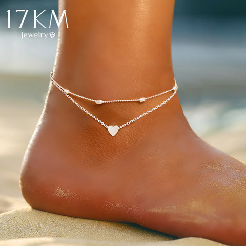 17KM Fashion Silver Color Beads Heart Anklet For Women Girls Gold Multilayer Anklets Vintage Foot Bracelet Beach 2022 Jewelry ► Photo 1/6