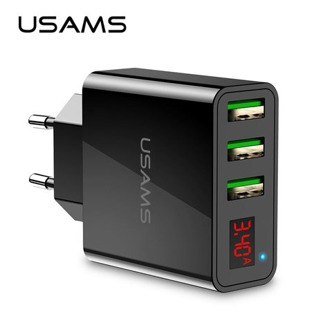 USAMS 3 USB Phone Charger Mobile Phone Charger LED Display Max 3A EU Wall Charger for iPhone Samsung Xiaomi Charger USB Adapters ► Photo 1/6