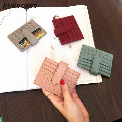 PURDORED 1 Pc Weave Slim Card Holder for Women Mini Bank Card Case Leather  Female Slim Wallet for Cards Porte  Tarjetero Hombre ► Photo 1/6