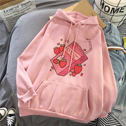 Cute Cartoon Strawberry Juice Japanses Fashion Aestheti Print Hoodie Long Sleeve Sweatshirt Pullovers Women Ullzang Hoody Female ► Photo 1/6